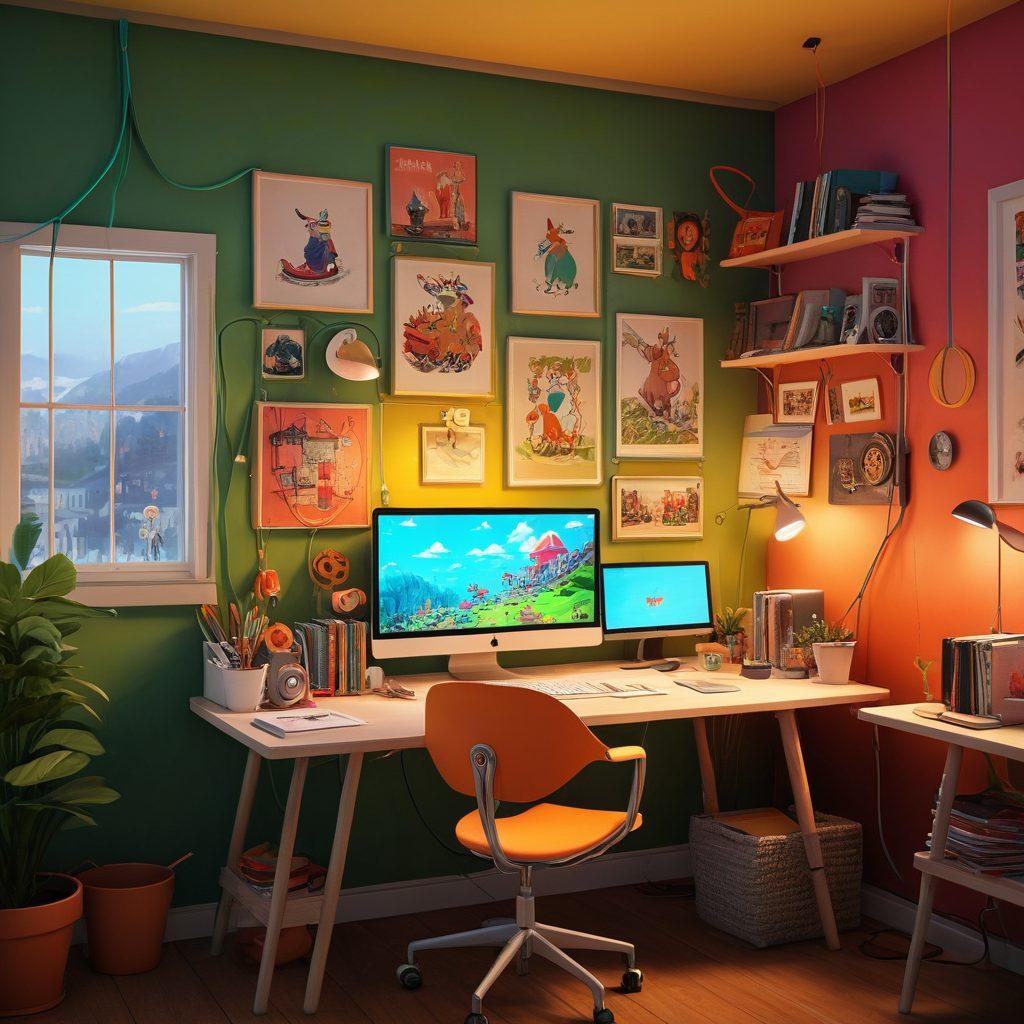 A whimsical yet organized workspace featuring color-coded cables neatly tied and arranged, surrounded by playful adult animation character posters. A cozy atmosphere with soft lighting enhances the enchantment, with a whimsical touch of animated elements subtly woven into the cables. Include a laptop displaying vibrant adult animation scenes to capture creativity and enjoyment. vibrant colors. 3D. cartoon style.