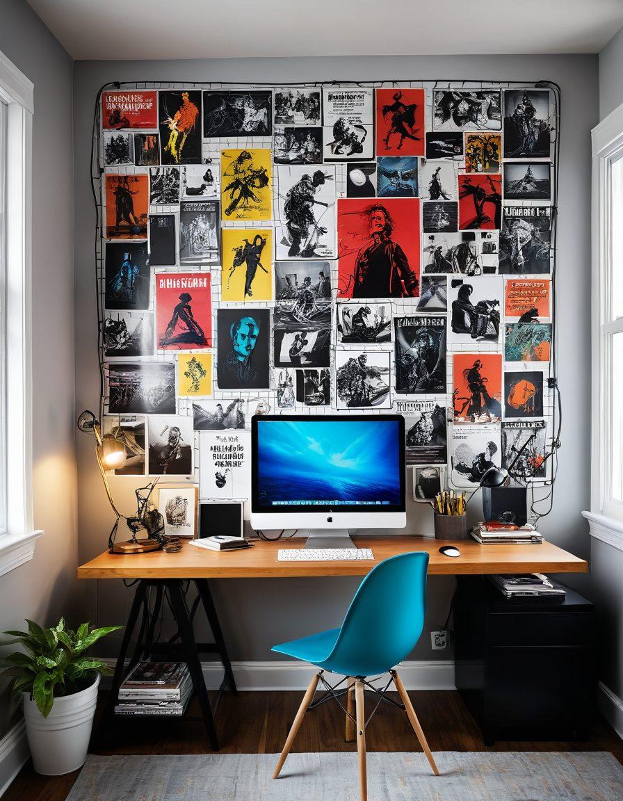 A dynamic workspace showcasing a vibrant blend of wires and cables artistically organized, interspersed with elements of explicit entertainment like movie posters and comic art. The scene should radiate creativity with pops of color, featuring tools for wire management such as clips and organizers, embodying a playful yet efficient atmosphere. Imagine a backdrop filled with abstract art representing the essence of creativity. super-realistic. vibrant colors. modern design.