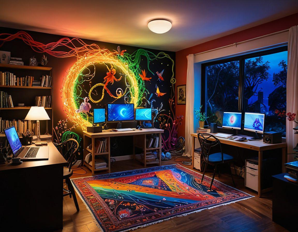 A whimsical scene featuring colorful, tangled cables transformed into magical creatures, dancing around a vibrant art studio filled with erotic art pieces and animated screens, capturing a playful yet artistic vibe. The background showcases a warm, inviting atmosphere with a dash of erotic elegance. Super-realistic. Vibrant colors. 3D.